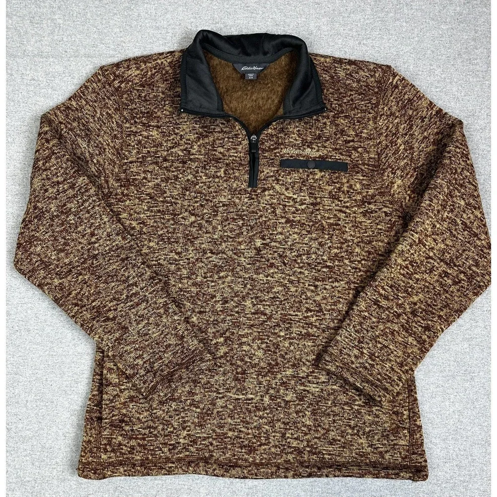 Eddie Bauer Sweater Mens Medium Brown Quarter Zip Fleece Pullover Pockets Sherpa